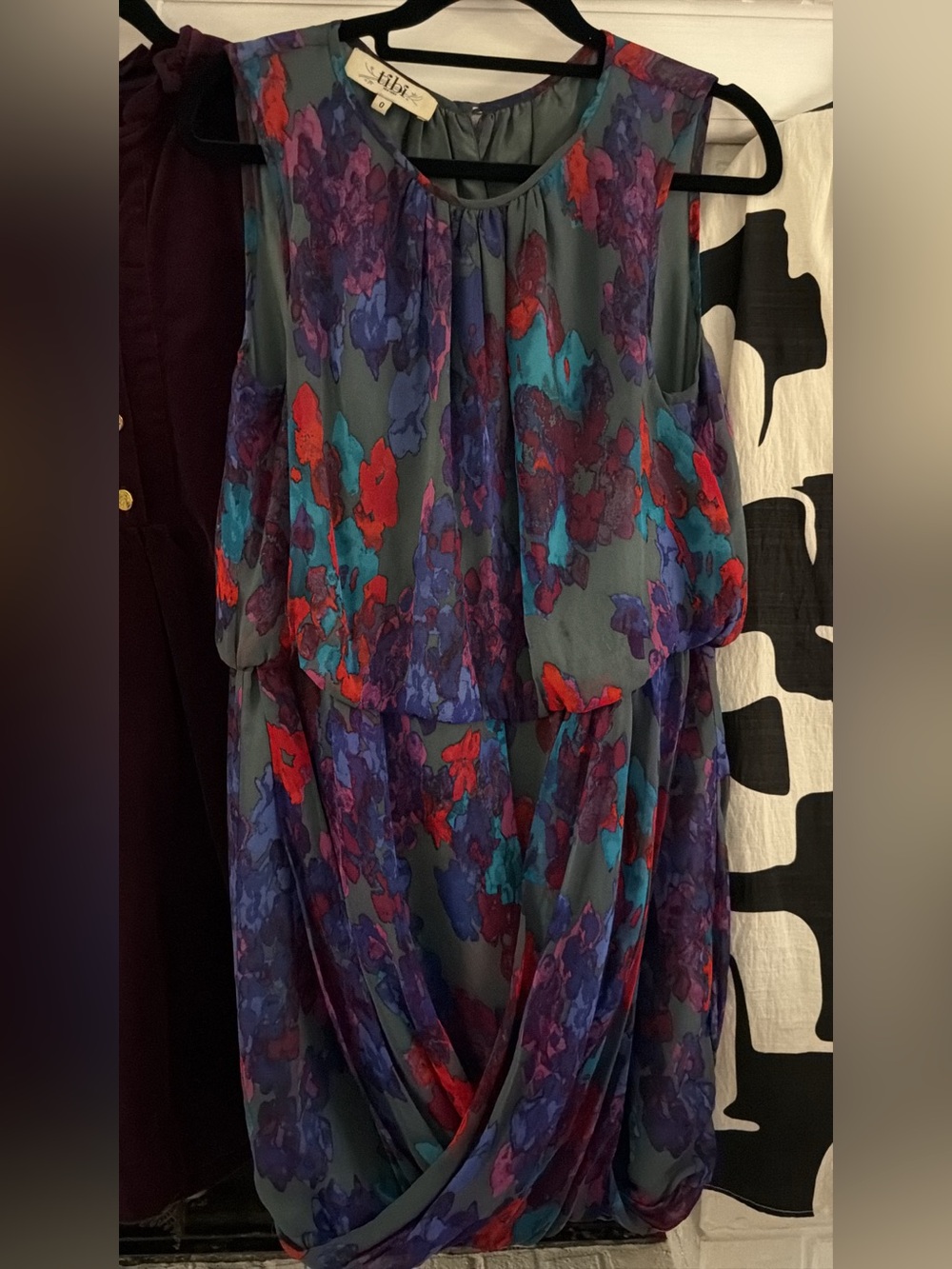 TIBI Floral Chiffon Silk Dress in Teal, Purple & Red